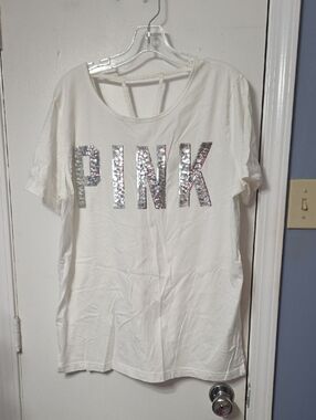 PINK Victoria's Secret White Short Sleeve Tee with Silver Sequin Logo